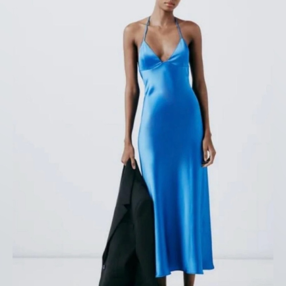 Zara Satin effect slip blue dress